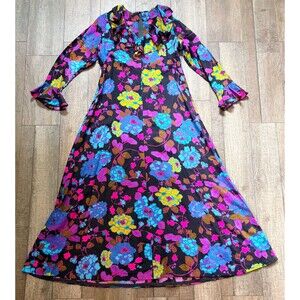 Vtg 70s Psychedelic Floral Ruffle Maxi Dress Black Light Reactive Fabric Hippie